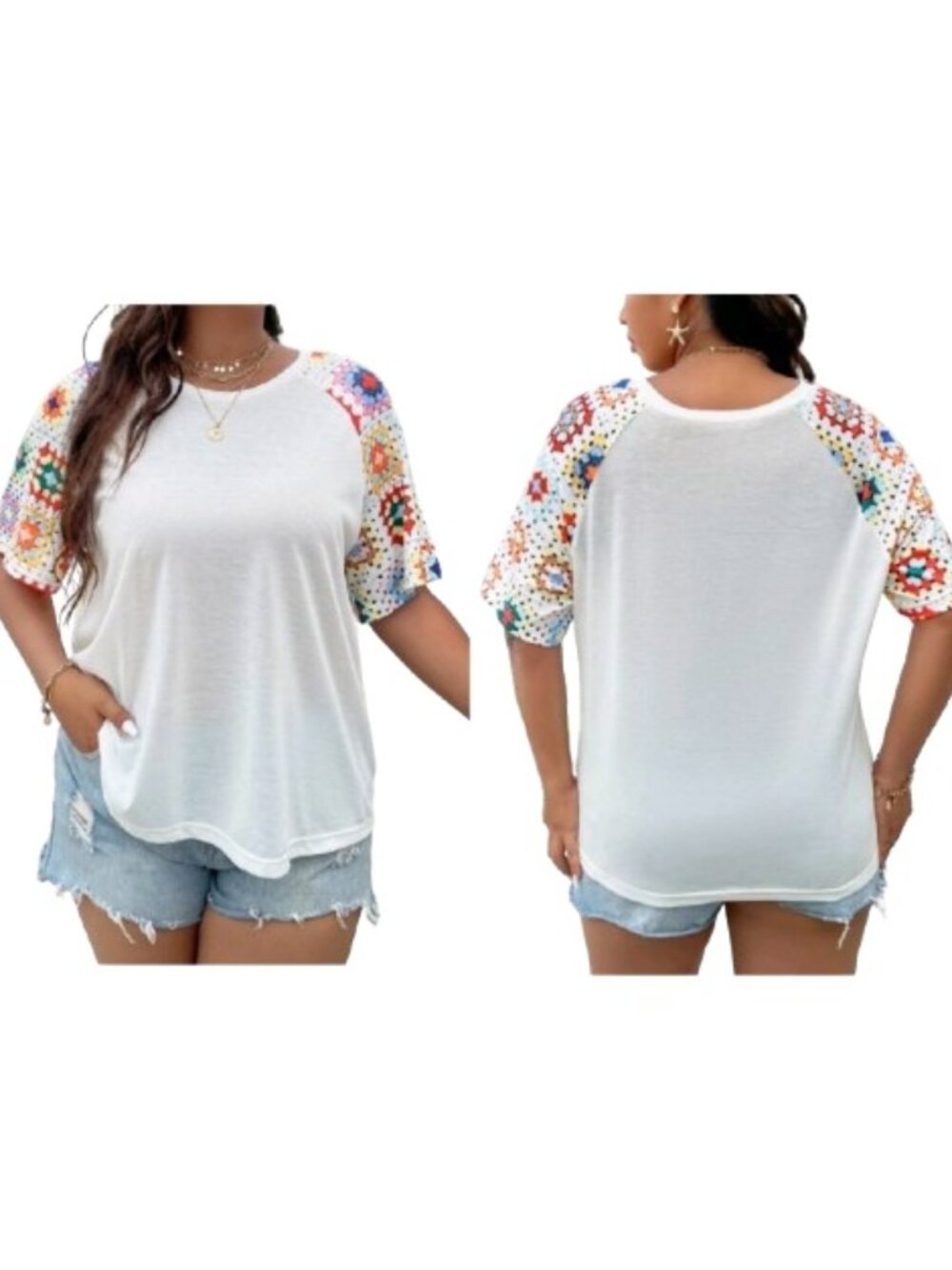 SHEIN White Blouse Multicolor Laser Embroidery Print Elbow Sleeves Lightweight
